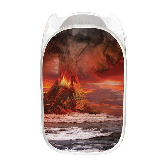 Volcano On The Sea Print Mesh Laundry Hamper