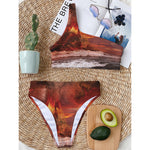Volcano On The Sea Print One Shoulder Bikini Top