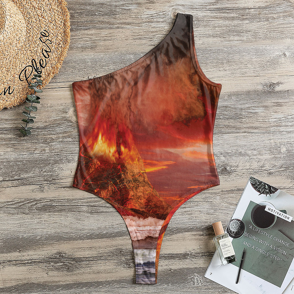 Volcano On The Sea Print One Shoulder Bodysuit