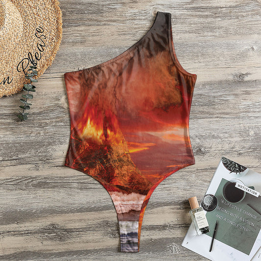 Volcano On The Sea Print One Shoulder Bodysuit