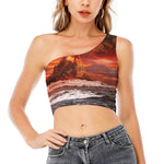 Volcano On The Sea Print One Shoulder Crop Top