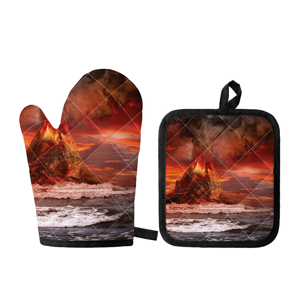 Volcano On The Sea Print Oven Mitt And Pot Holder Set