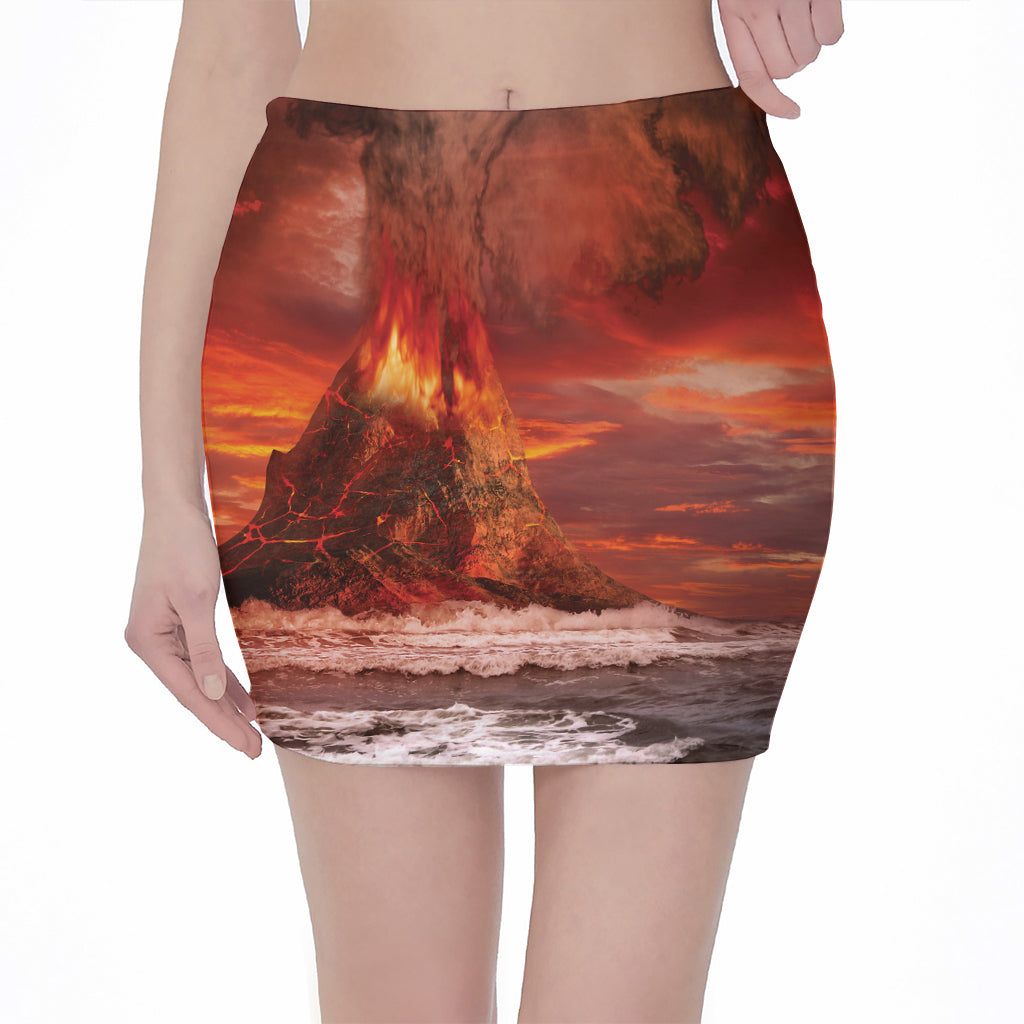 Volcano On The Sea Print Pencil Mini Skirt