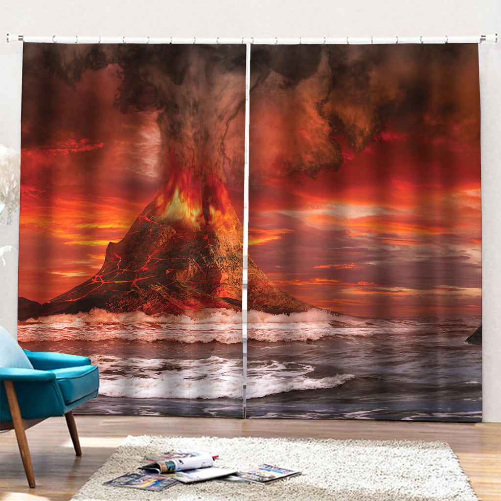 Volcano On The Sea Print Pencil Pleat Curtains