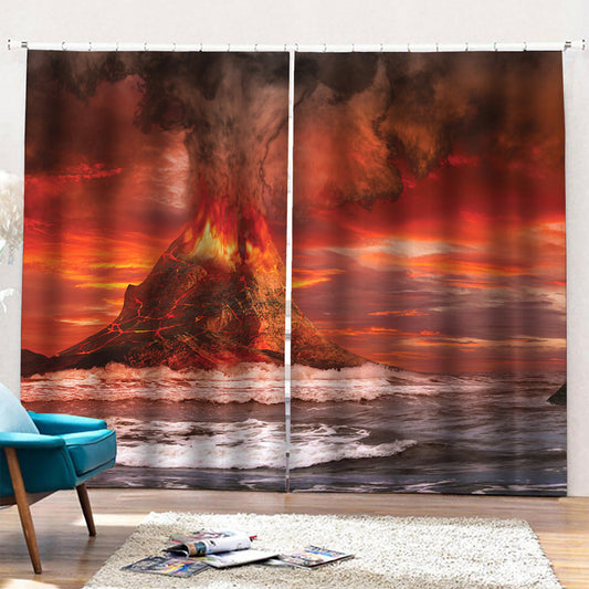 Volcano On The Sea Print Pencil Pleat Curtains