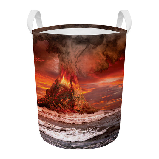 Volcano On The Sea Print Round Laundry Basket