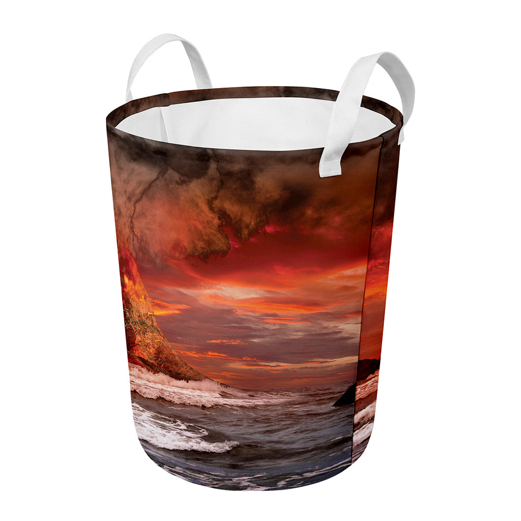 Volcano On The Sea Print Round Laundry Basket