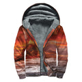 Volcano On The Sea Print Sherpa Lined Zip Up Hoodie