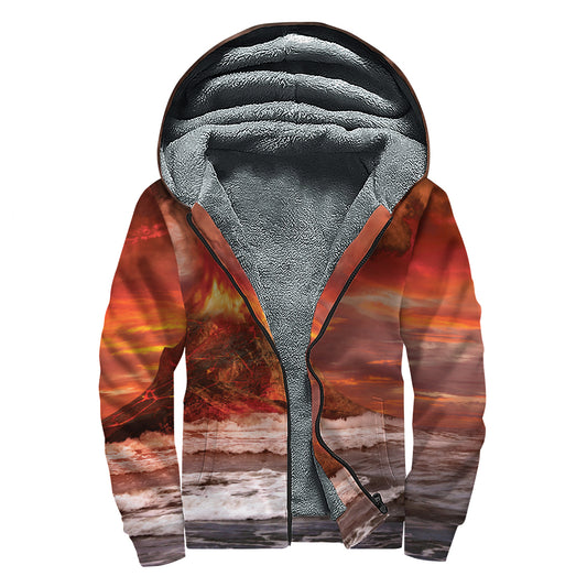 Volcano On The Sea Print Sherpa Lined Zip Up Hoodie