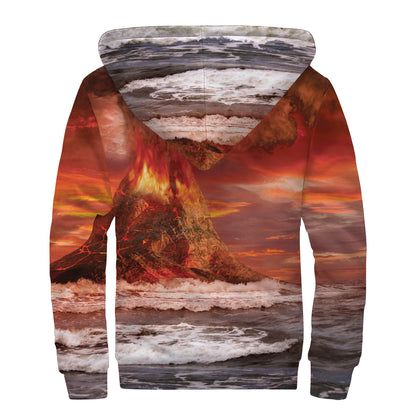 Volcano On The Sea Print Sherpa Lined Zip Up Hoodie