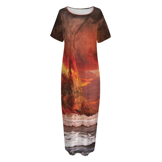 Volcano On The Sea Print Short Sleeve Long Nightdress