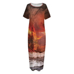 Volcano On The Sea Print Short Sleeve Long Nightdress