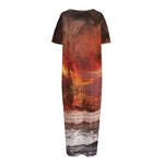 Volcano On The Sea Print Short Sleeve Long Nightdress