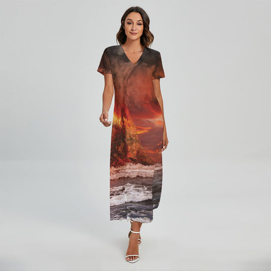 Volcano On The Sea Print Short Sleeve Maxi Dress