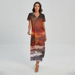 Volcano On The Sea Print Short Sleeve Maxi Dress