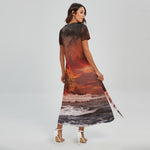 Volcano On The Sea Print Short Sleeve Maxi Dress