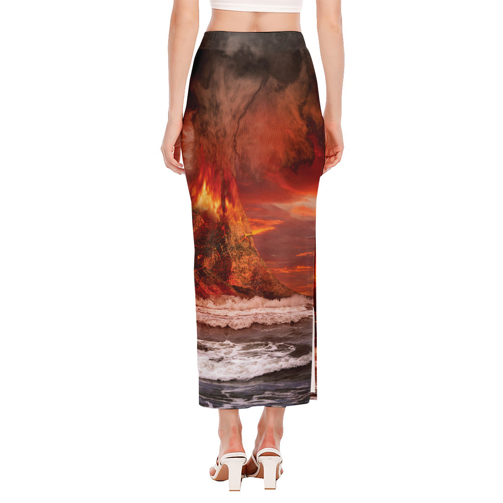 Volcano On The Sea Print Side Slit Maxi Skirt
