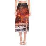 Volcano On The Sea Print Side Slit Midi Skirt