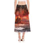Volcano On The Sea Print Side Slit Midi Skirt