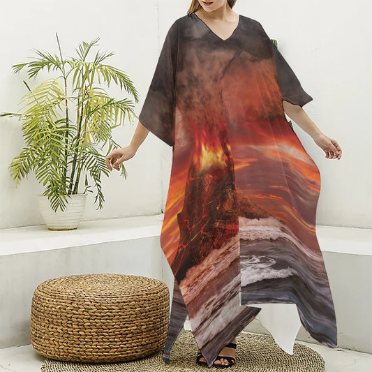 Volcano On The Sea Print Silk V-Neck Kaftan Dress