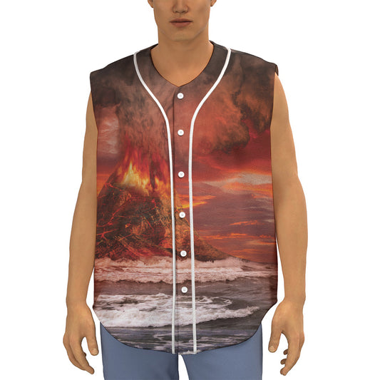 Volcano On The Sea Print Sleeveless Baseball Jersey