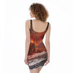 Volcano On The Sea Print Sleeveless Bodycon Dress