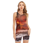 Volcano On The Sea Print Sleeveless One Piece Swimsuit
