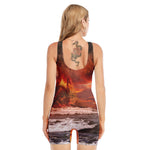 Volcano On The Sea Print Sleeveless One Piece Swimsuit