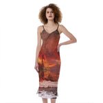 Volcano On The Sea Print Slim Fit Midi Cami Dress