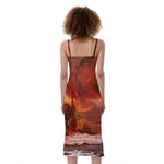 Volcano On The Sea Print Slim Fit Midi Cami Dress