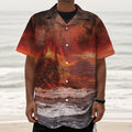Volcano On The Sea Print Textured Short Sleeve Shirt