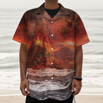 Volcano On The Sea Print Textured Short Sleeve Shirt