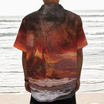 Volcano On The Sea Print Textured Short Sleeve Shirt