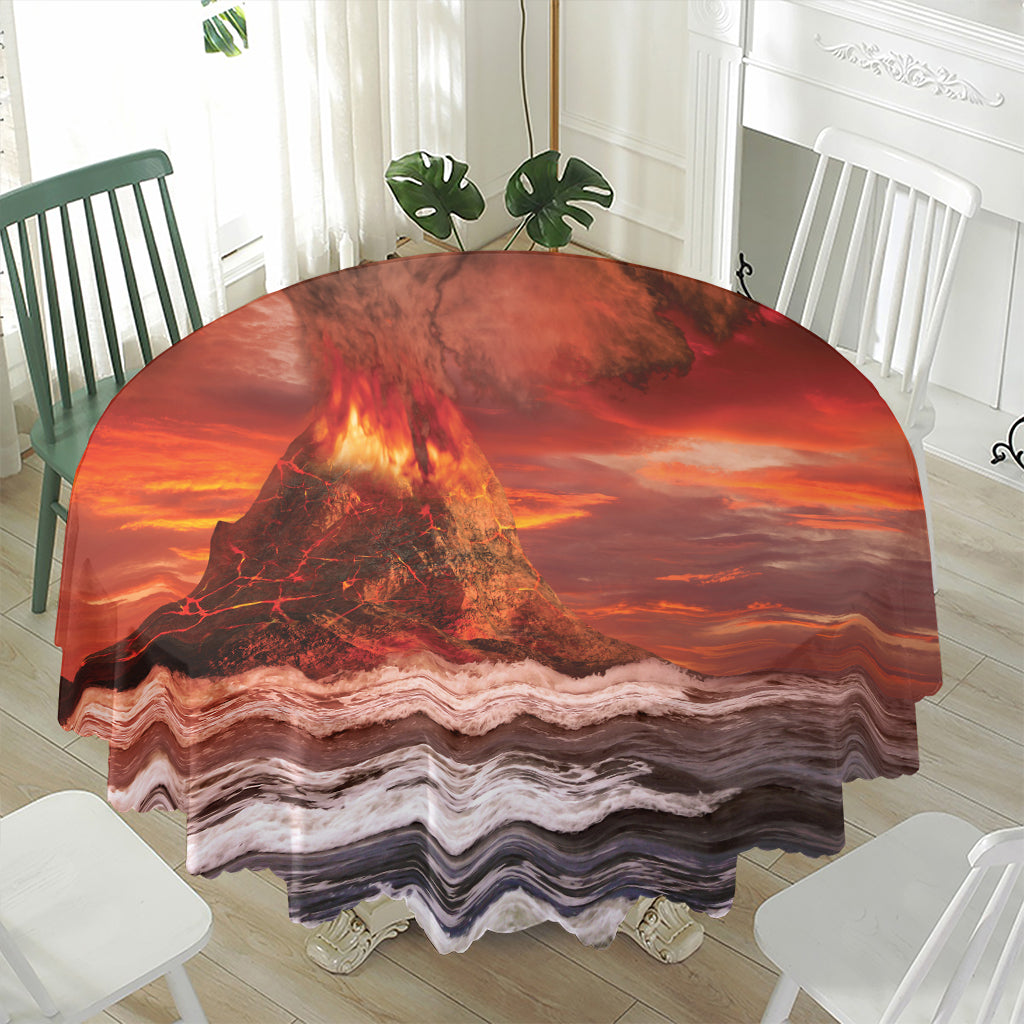 Volcano On The Sea Print Waterproof Round Tablecloth