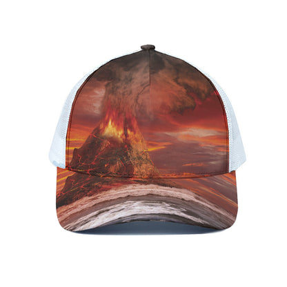 Volcano On The Sea Print White Mesh Trucker Cap