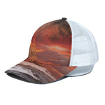Volcano On The Sea Print White Mesh Trucker Cap