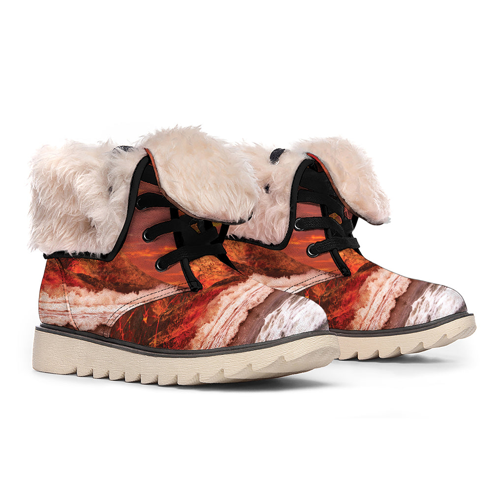 Volcano On The Sea Print Winter Boots