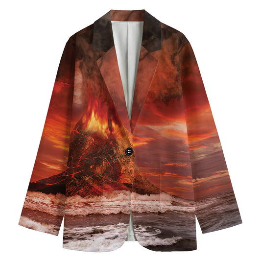 Volcano On The Sea Print Women's Cotton Blazer
