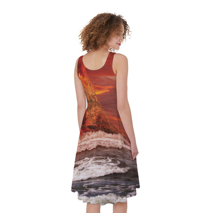 Volcano On The Sea Print Women's Sleeveless Dress