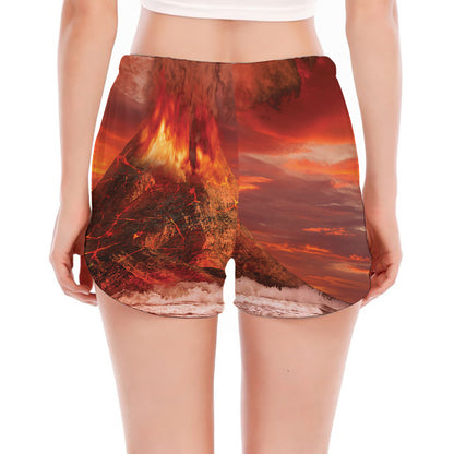 Volcano On The Sea Print Women's Split Running Shorts