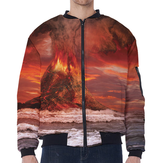 Volcano On The Sea Print Zip Sleeve Bomber Jacket
