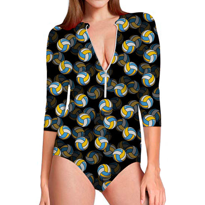 Volleyball Pattern Print Long Sleeve Swimsuit
