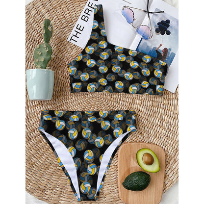 Volleyball Pattern Print One Shoulder Bikini Top