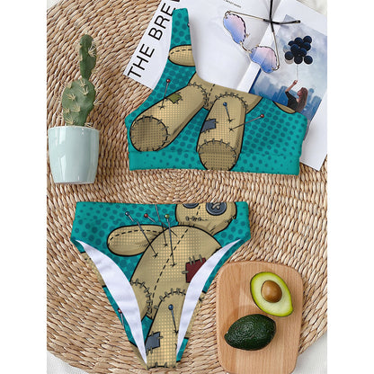 Voodoo Doll Print One Shoulder Bikini Top