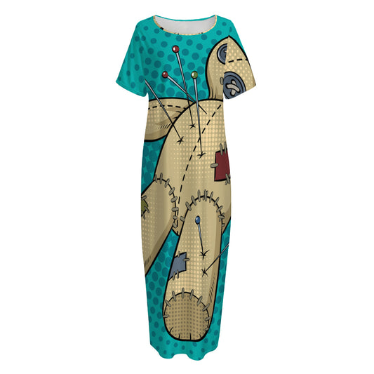 Voodoo Doll Print Short Sleeve Long Nightdress