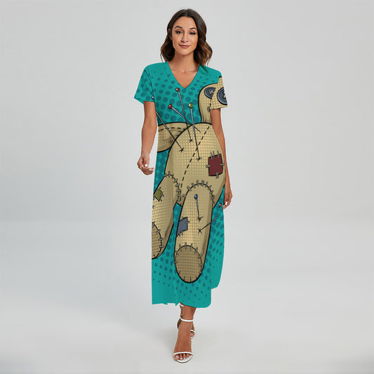 Voodoo Doll Print Short Sleeve Maxi Dress