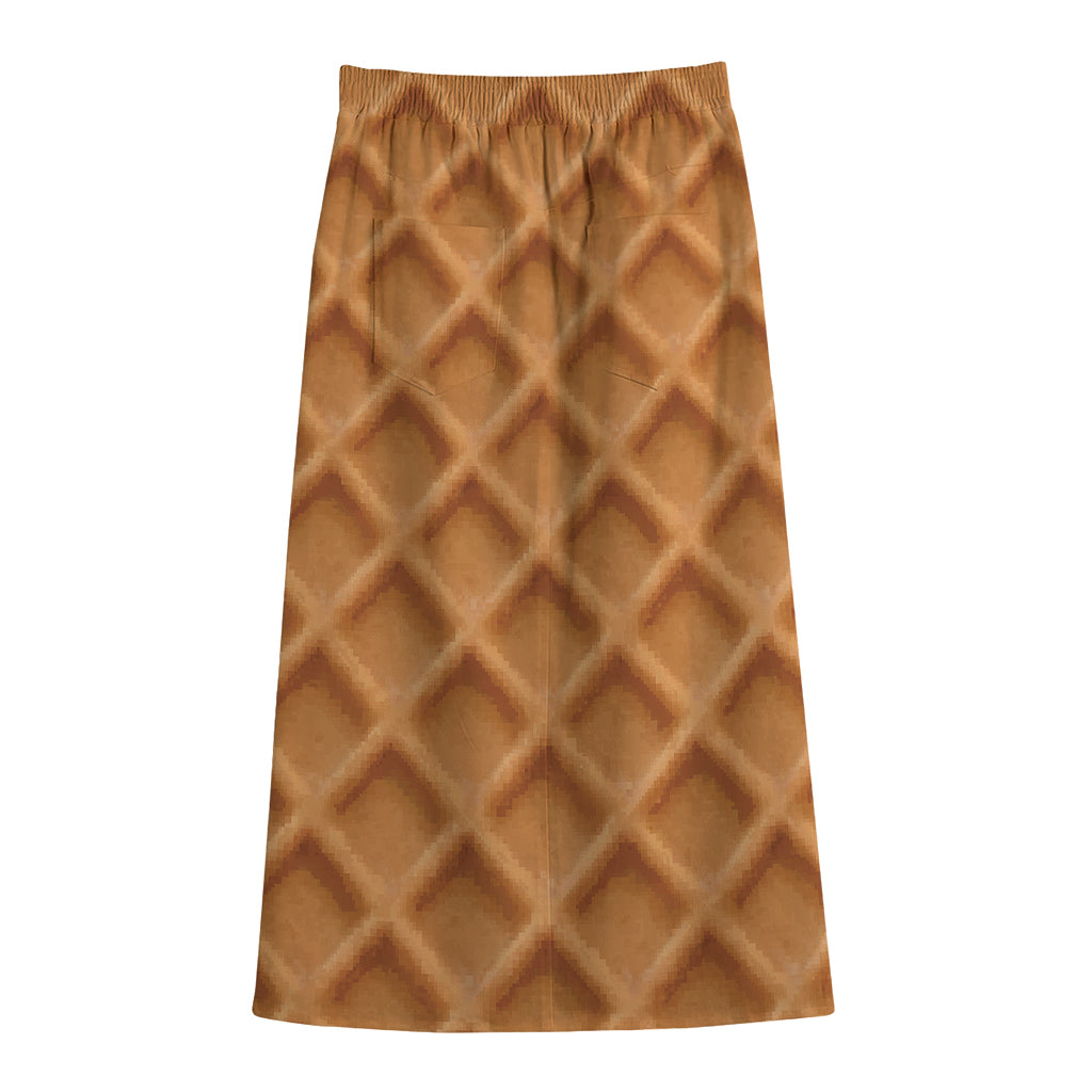 Waffle Pattern Print Cotton Front Slit Maxi Skirt