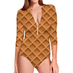 Waffle Pattern Print Long Sleeve Swimsuit