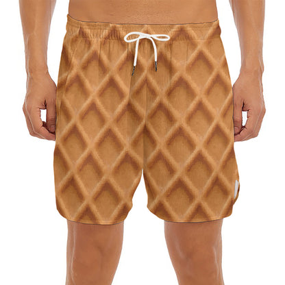 Waffle Pattern Print Men's Split Running Shorts