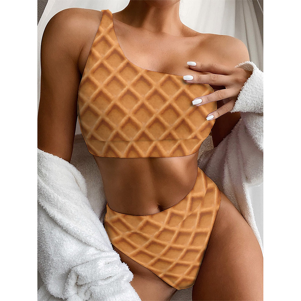 Waffle Pattern Print One Shoulder Bikini Top